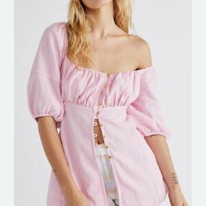 Free People Pink Puff Sleeve Smocked Blouse